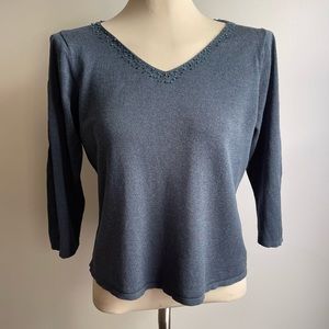 NWOT Eileen Fisher Blue Viscose Cotton Italian Yarn Beaded V-Neck Sweater Large